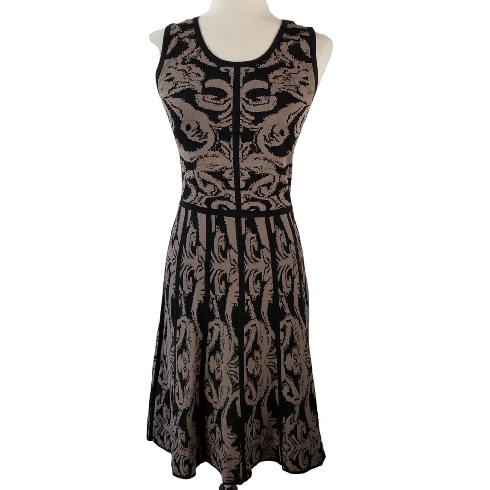 Carmen Marc Valvo Damask Black Brown Knit Fit & Flare Dress Medium